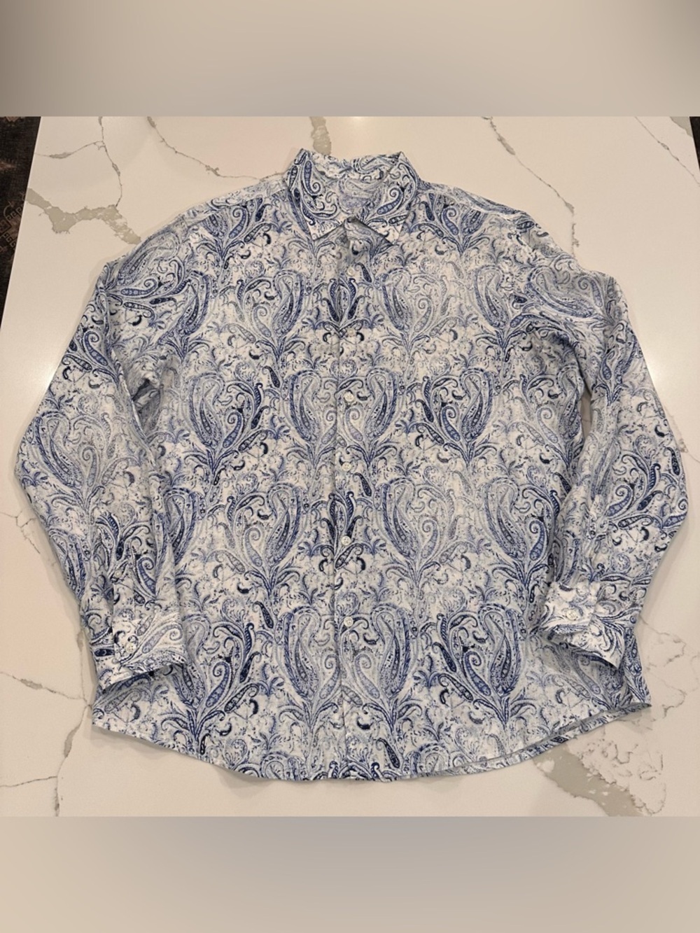 Tasso Elba Blue White Paisley Linen Button Up Shirt Mens L 16-16.5 Long Sleeve